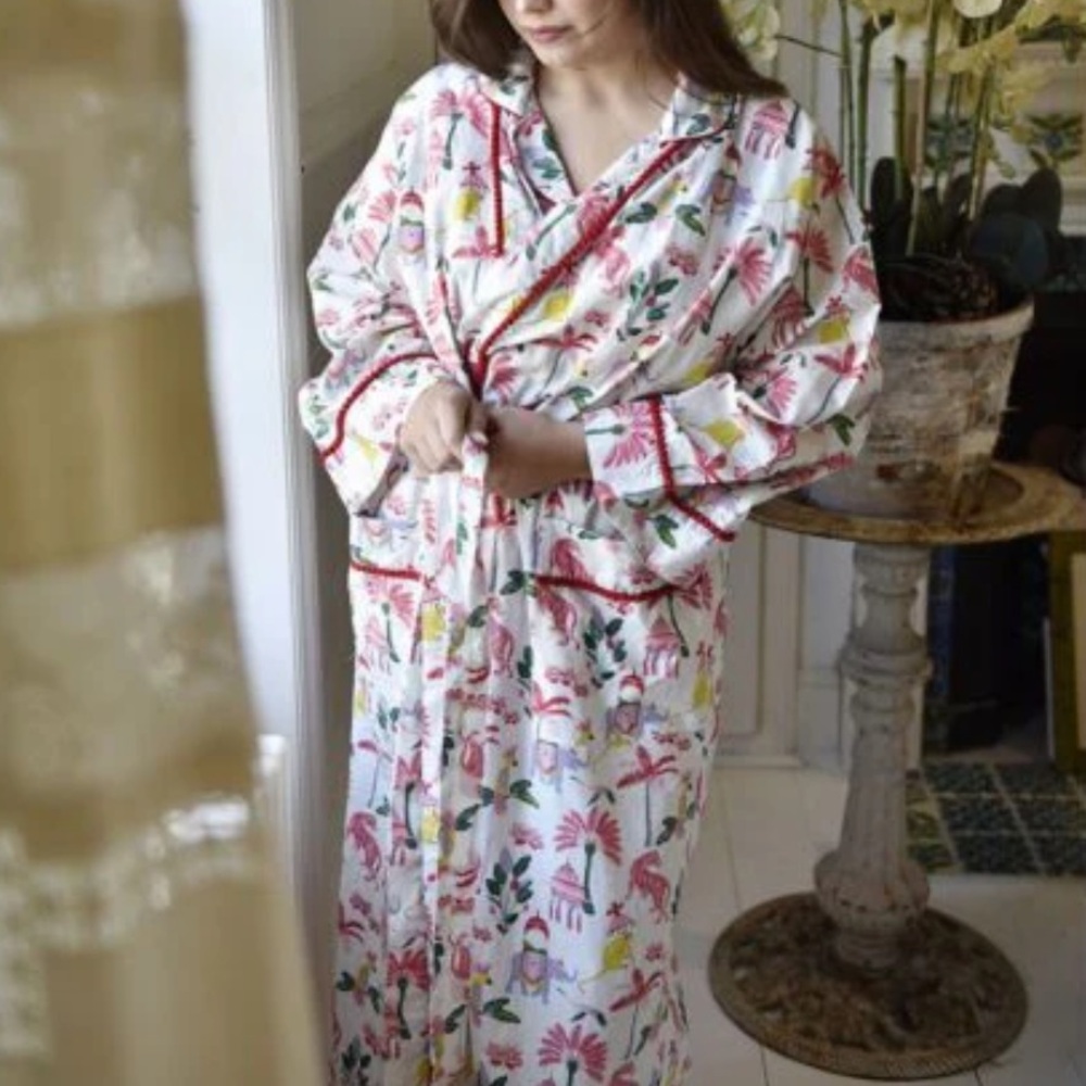 Azoe Sultan’s Garden Cotton Floral Patterned Kimono Robe with Red Trim Size OSFM